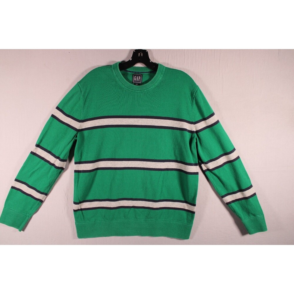 GAP Men’s Green Striped Crewneck Sweater Size M 100% Cotton Long Sleeve